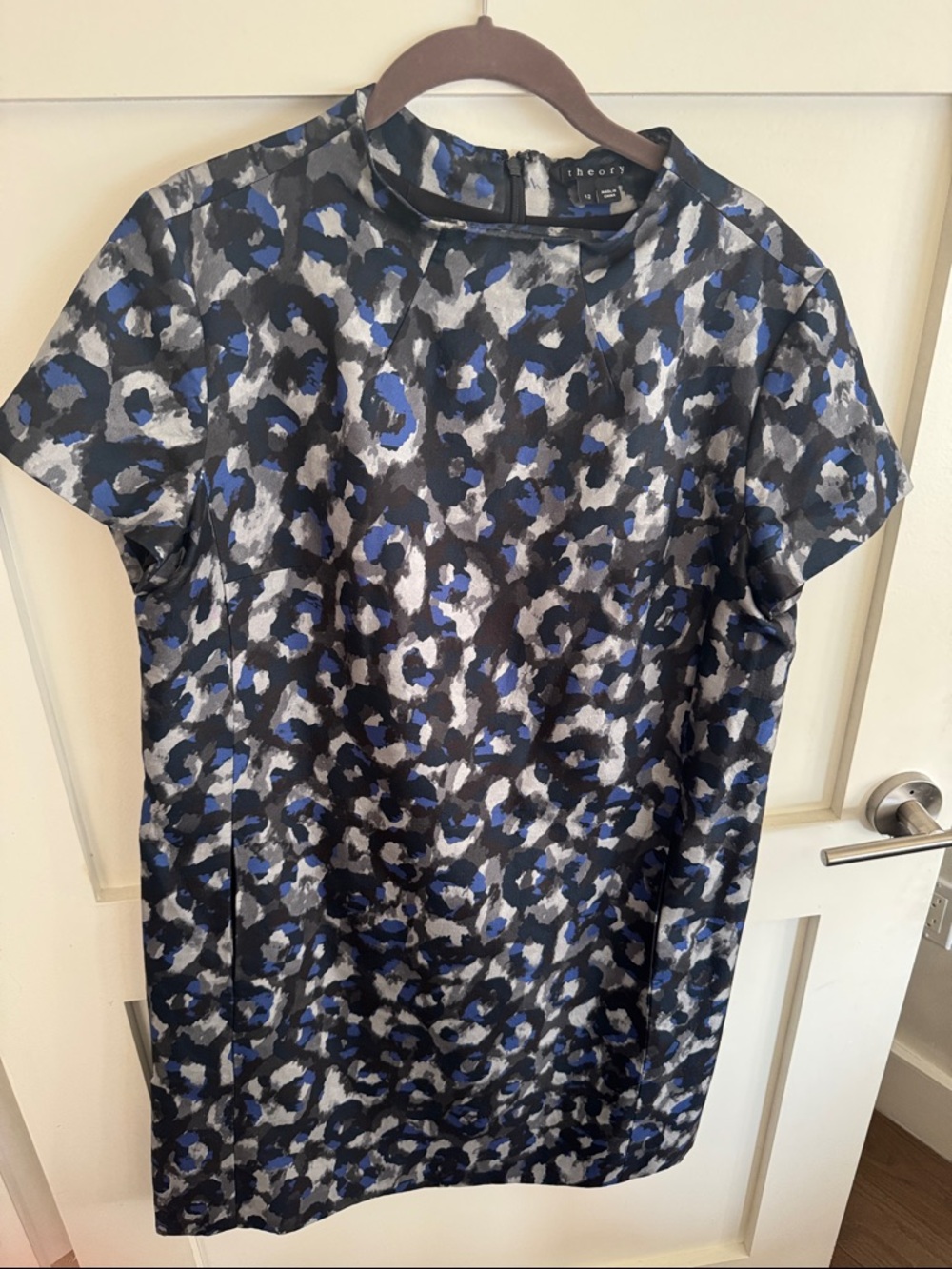 Theory Blue, Black & Gray Abstract Leopard Shift Dress